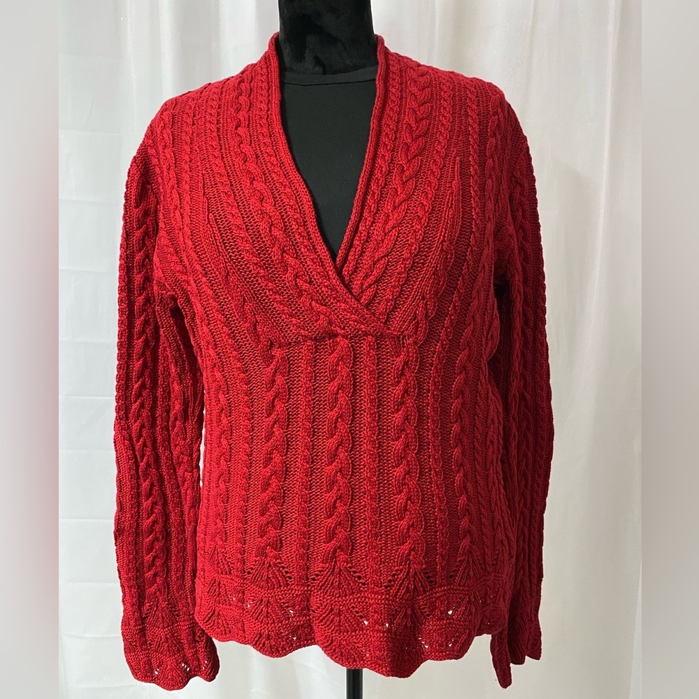 Ralph Lauren Red Cotton V-Neck Cable Knit Sweater